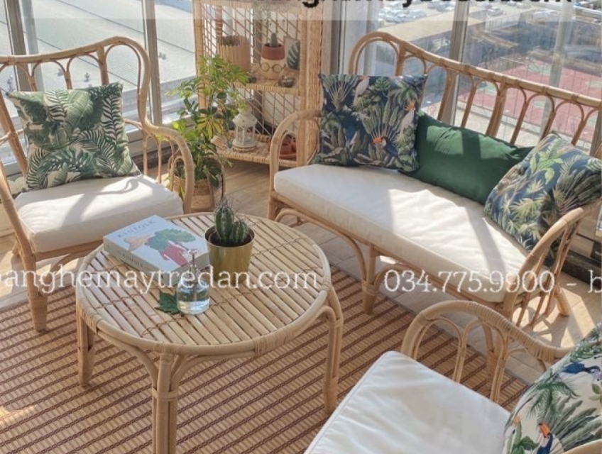 Sofa song mây tự nhiên trang trí phòng khách hiện đại, ấm cúng