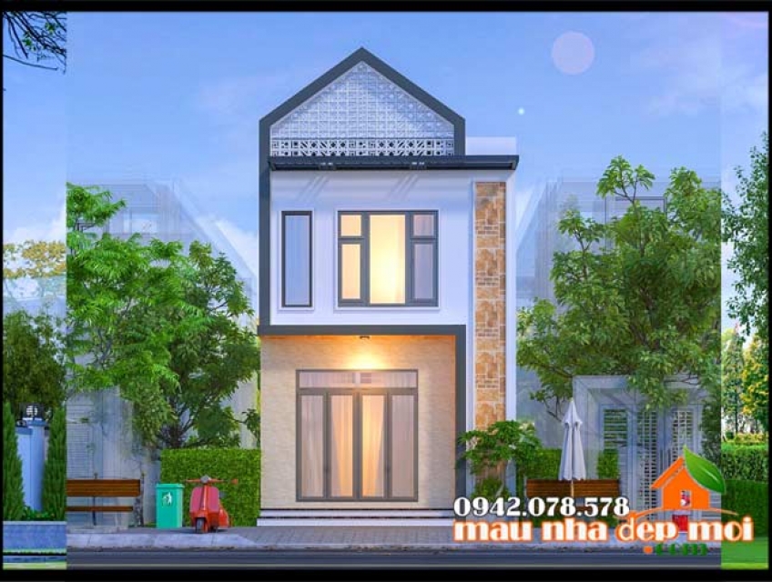 Mẫu nhà phố 5x11m kiến trúc mái dốc 2 tầng phong cách hiện đại