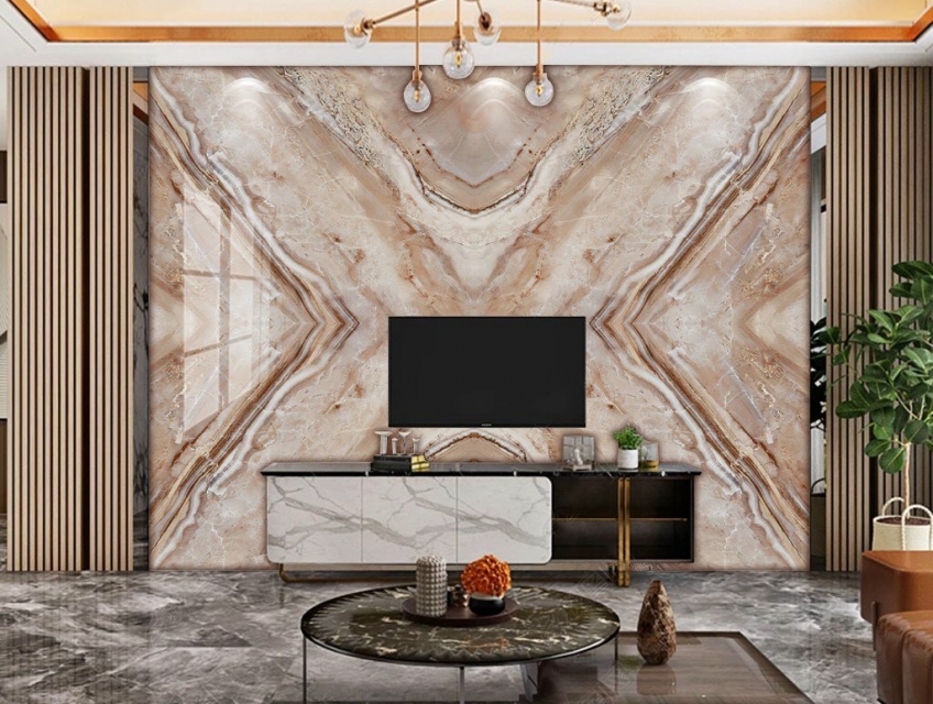 Vách tivi vân đá tráng gương khổ lớn- In gia công - lắp đặt hoàn thiện