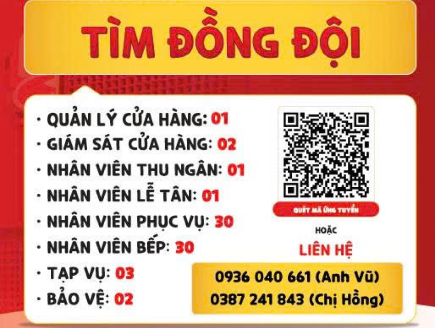 Tuyển QL, giám sát, thu ngân, lễ tân, phục vụ, bếp, tạp vụ & bảo vệ