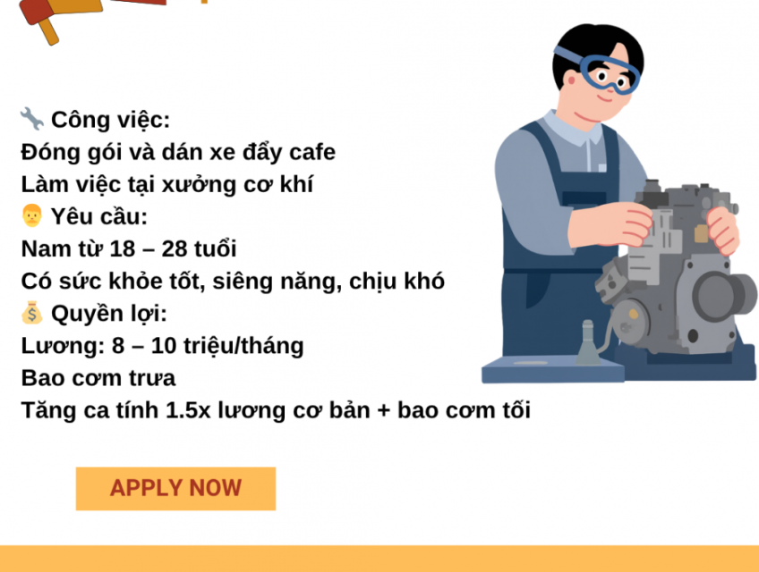 [BAO CƠM, KO CẦN KN] 4 NV XƯỞNG CƠ KHÍ BÌNH CHÁNH