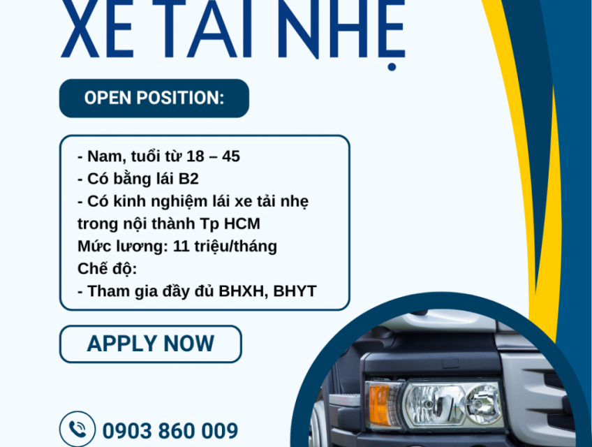 TUYỂN TÀI XẾ XE TẢI NHẸ GÒ VẤP, QUẬN 12