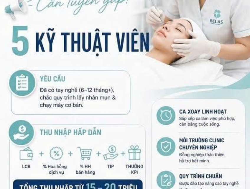 BELAS BEAUTY CLINIC tuyển KTV da, trị liệu, lấy mụn, massage