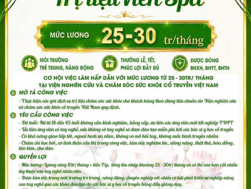 Tuyển 30 Trị liệu viên Spa chăm sóc sức khỏe làm ở TP Hà Nội