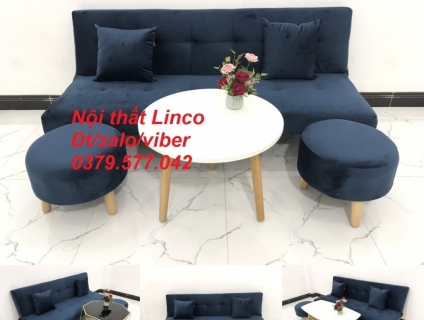 Bộ ghế sofa bed bật thành giường xanh dương đậm đen vải nhung Tây Ninh