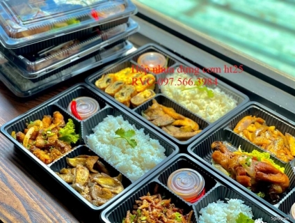 Hộp Nhựa Đen Dùng 1 lần Đựng Cơm 4 Ngăn