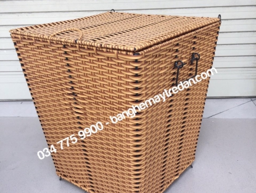 Giỏ để đồ nhựa giả mây có nắp - Bàn ghế mây tre đan
