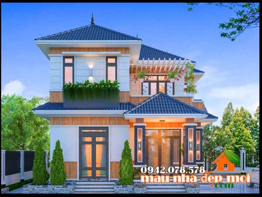 Mẫu biệt thự 2 tầng mini 4 phòng ngủ diện tích 90m2 kiến trúc mái Nhật