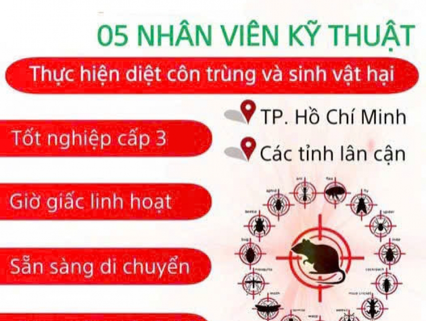Tuyển 5 LĐPT làm kỹ thuật viên diệt côn trùng không YC kinh nghiệm