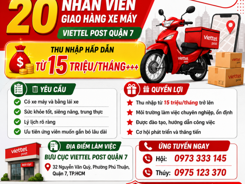 TUYỂN NHÂN VIÊN GIAO HÀNG XE MÁY – VIETTEL POST QUẬN 7