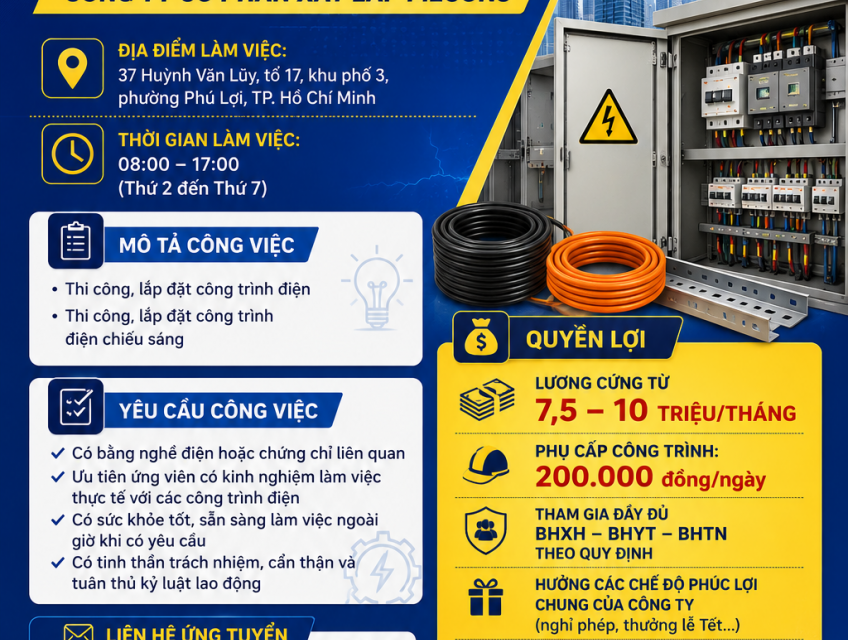 TUYỂN CÔNG NHÂN THI CÔNG ĐIỆN CÓ KINH NGHIỆM