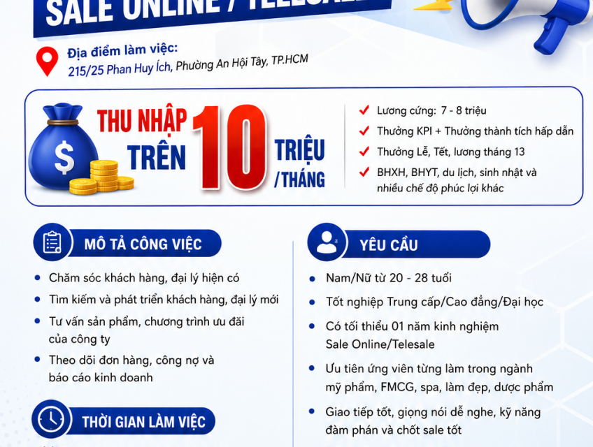 TUYỂN DỤNG NHÂN VIÊN SALE ONLINE / TELESALE