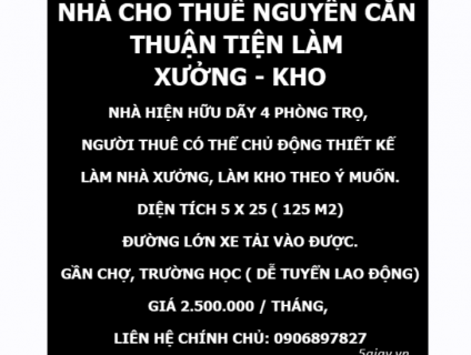 CHO THUÊ NHÀ NGUYÊN CĂN CẤP 4 XÃ PHÚ HÒA ĐÔNG, CỦ CHI, 2TR5/ THÁNG