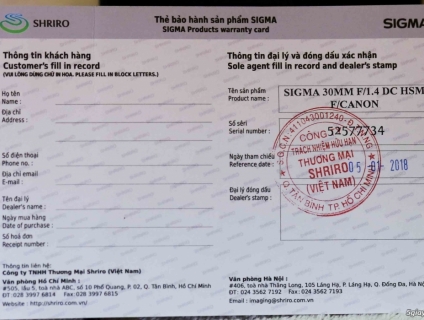 bán lens sigma 30 art chính hãng shriro còn BH 1/2019