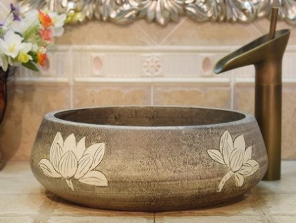 Chậu rửa lavabo gốm sứ nghệ thuật LAV0077- họa tiết hoa sen mộc mạc