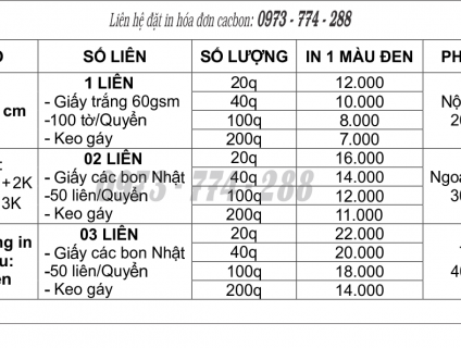Bảng giá in hóa đơn 1 liên, 2 liên, 3 liên A6