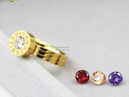 Nhẫn tay titan nam nữ mặt tròn la mã đá 4 màu 797