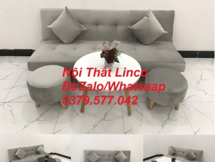 Bộ ghế sofa giường xám trắng vải nhung giá rẻ Nội thất Linco Cần Thơ