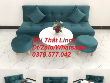 Bộ ghế sofa giường màu xanh cổ vịt vải nhung Nội thất Linco Bình Phước