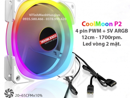 Quạt CoolMoon P2, 4 pin PWM + 5V ARGB, 12cm, 1700rpm, Led vòng 2 mặt.