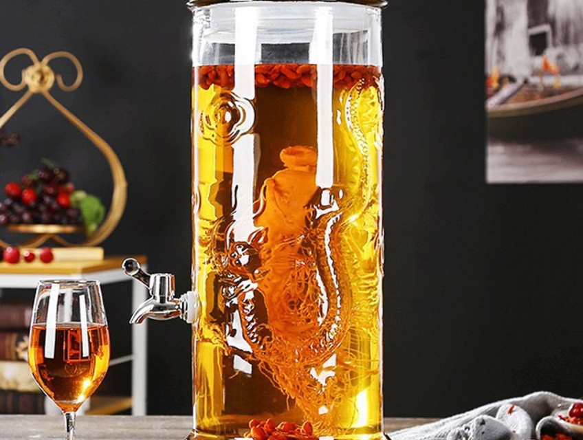 Bình Thủy Tinh Ngâm Rượu Trụ Rồng 15L(Có Vòi), Ngâm Đinh Lăng