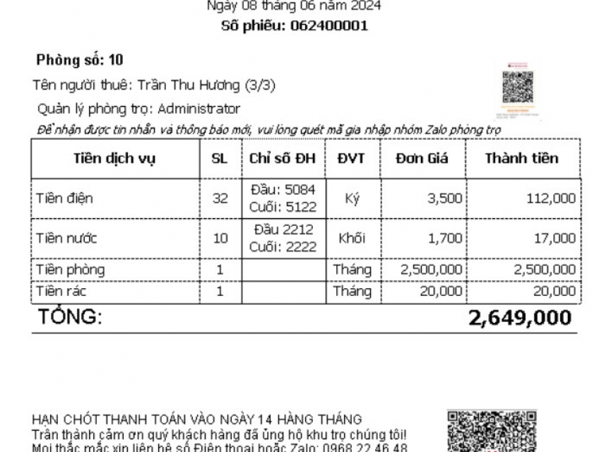 Phần mềm quản lý nhà trọ, máy tính tiền trọn gói : 0917.66.4444