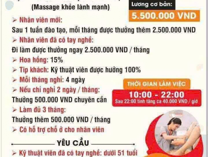 Tuyển NV massage chân lành mạnh làm khu vực TPHCM