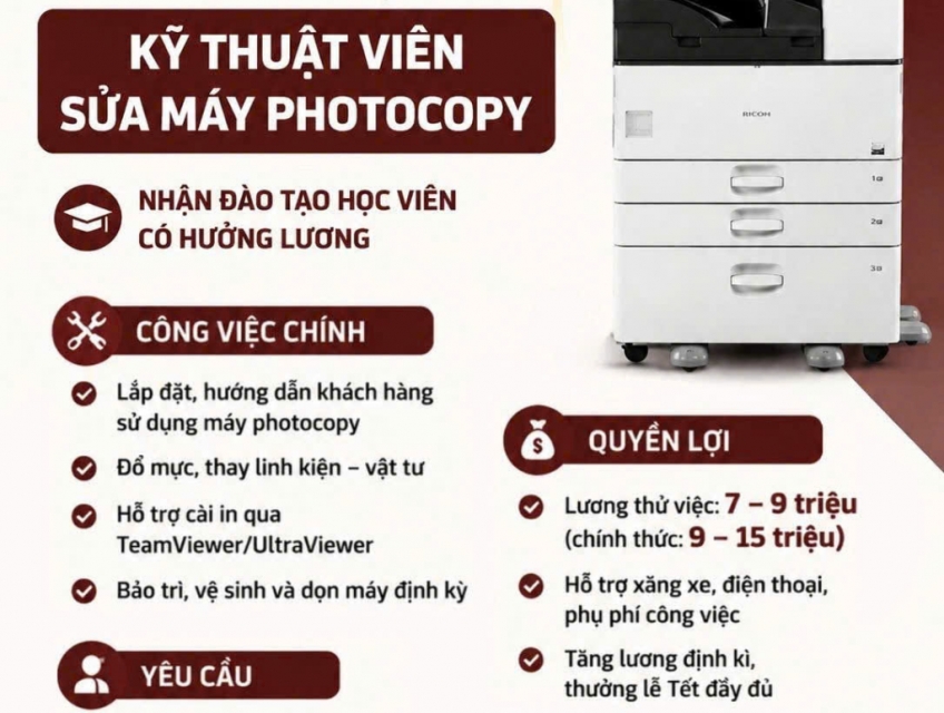 Tuyển KTV sửa máy photocopy làm tại Bình Dương