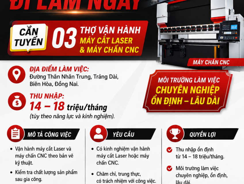 Tuyển Thợ vận hành máy cắt Laser & Máy chấn CNC