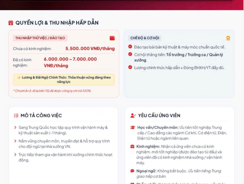 Tuyển công nhân sản xuất ưu tiên biết tiếng Trung