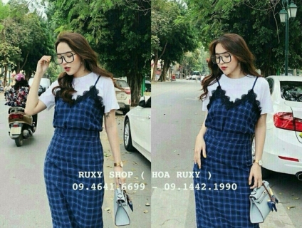 SET ÁO THUN + ĐẦM DÂY CARO PHỐI REN