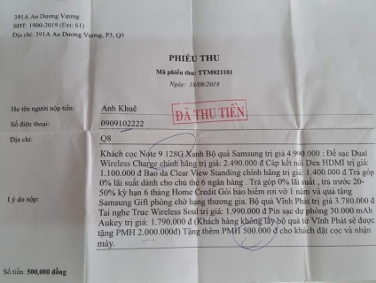 Suất mua Note 9 + quà tặng tại Vĩnh Phát Mobile