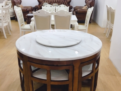 Bàn Ăn Mặt Đá Tròn Xếp Gọn 6 Ghế