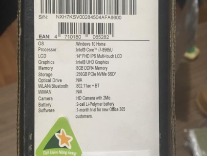 Acer Swift 5 Core i7,RAM: 8G,Sieu nhe 940 gam,Full box,Bao Hanh Hang