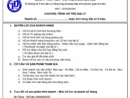 Hổ trợ marketting không đồng cho đại lý kinh doanh hải sản