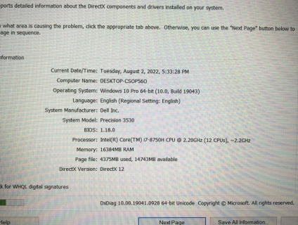 Dell Precision 3530 i7 8750H 16G/512G P600 4GB