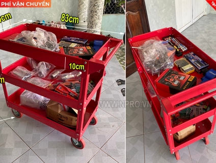 Xe đẩy dụng cụ 3 ngăn, xe đựng đồ nghề 3 tầng có vách treo dụng cụ