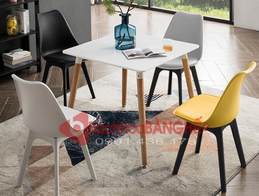 Bộ bàn vuông màu trắng chân gỗ ghế nhựa cafe tiếp khách 309