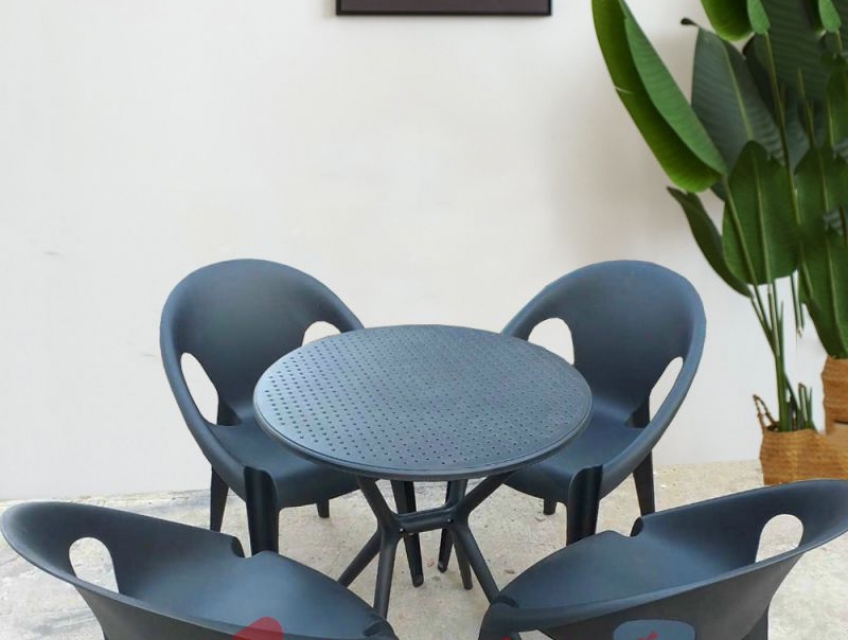 Bộ bàn tròn nhựa ghế nhựa màu đen cafe trà sữa nhà hàng