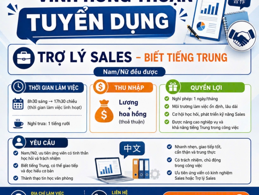 TUYỂN TRỢ LÝ SALES QUẬN 6 (BIẾT TIẾNG TRUNG)