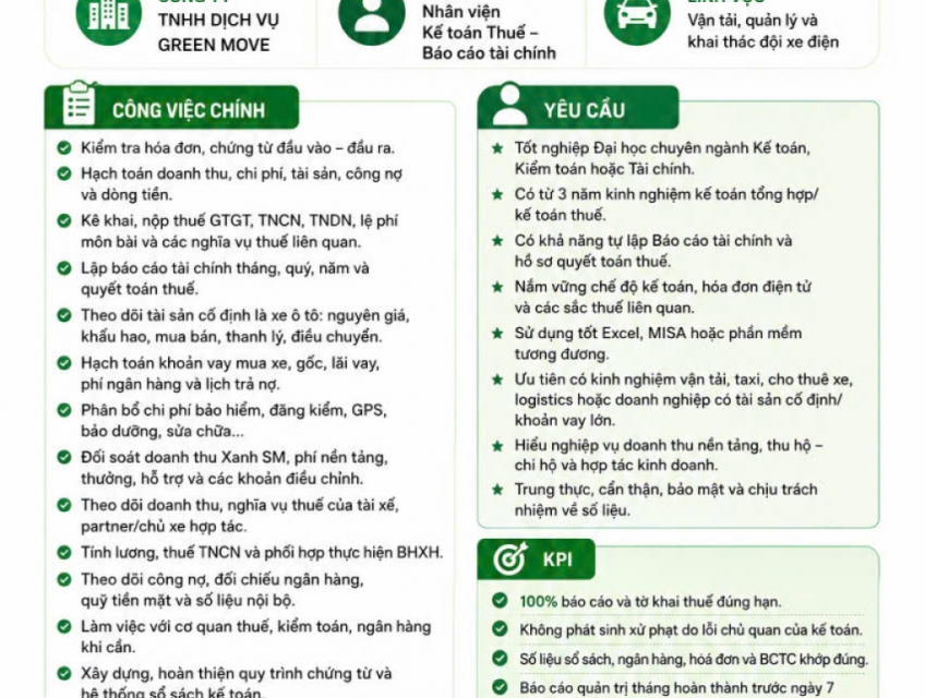 GREEN MOVE TUYỂN DỤNG – KẾ TOÁN THUẾ / TỔNG HỢP