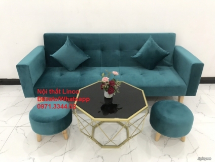 Bộ sofa bed giường xanh ngọc vải nhung giá rẻ tại sofaLinco Quảng Ninh