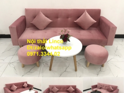 Bộ sofa bed giường màu hồng nhung giá rẻ tại sofa Linco Bắc Ninh