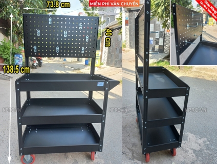 Xe đẩy đựng đồ nghề 3 ngăn kết hợp bảng treo dụng cụ( Xám đen - Đỏ)