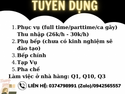Tuyển Nhân Viên Phục Vụ/Bếp - 0374798991