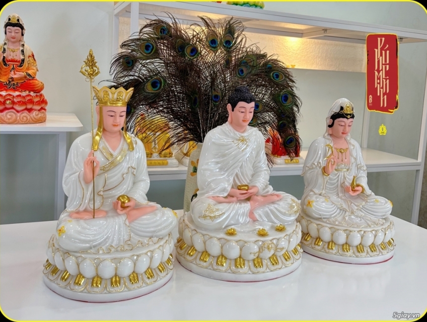 Tam thánh ta bà 40CM Trắng bột đá cao cấp tượng phật Phúc Minh