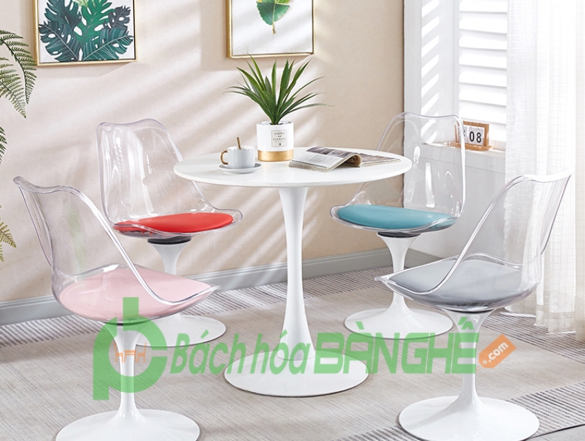 Bộ bàn ghế tulip trong suốt tiếp khách xoay 360 độ