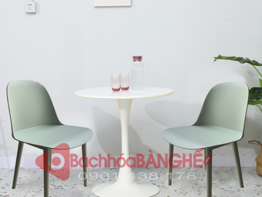Bộ bàn tròn cafe tiếp khách màu trắng ghế nhựa xanh mint