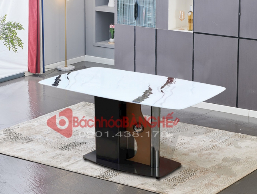Bàn ăn mặt đá ceramic chân thép phối bi decor hiện đại sang trọng