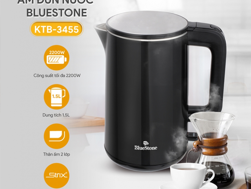 Ấm đun siêu tốc BlueStone KTB-3455 1800W thiết kế gọn  gàng, sang trọng